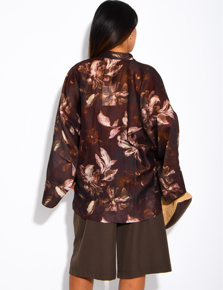 Blouse oversize en voile imprimé à boutons style asiatique