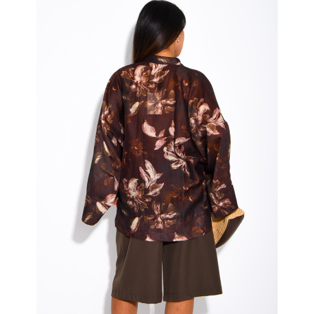 Blouse oversize en voile imprimé à boutons style asiatique