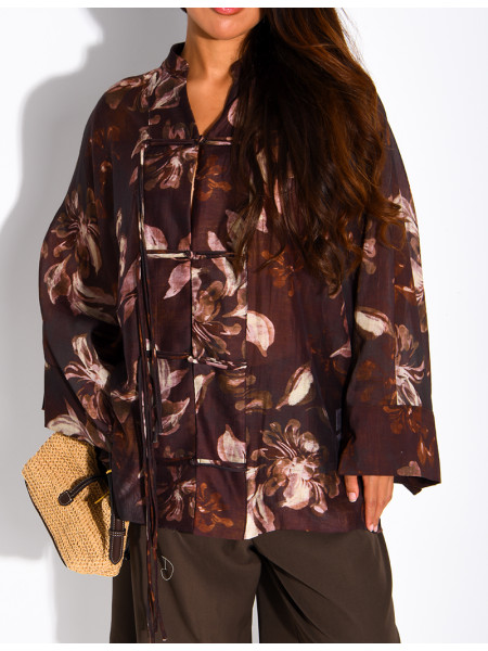 Blouse oversize en voile imprimé à boutons style asiatique