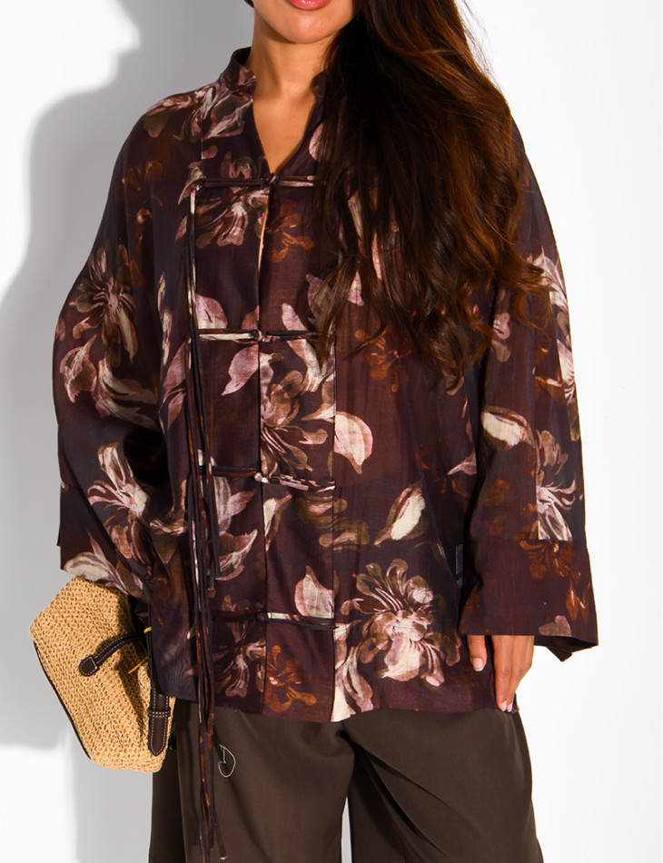 Blouse oversize en voile imprimé à boutons style asiatique