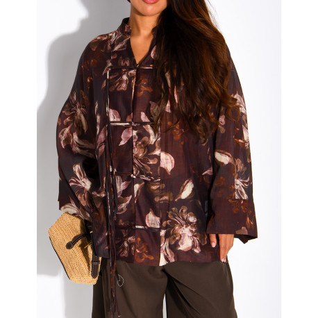 Blouse oversize en voile imprimé à boutons style asiatique