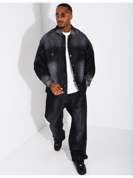 Faded denim set featuring an oversized shirt and jogger-style jeans
