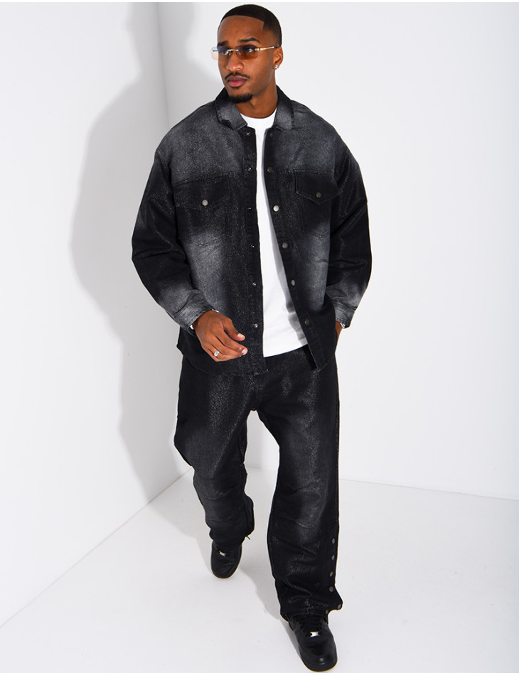 Faded denim set featuring an oversized shirt and jogger-style jeans