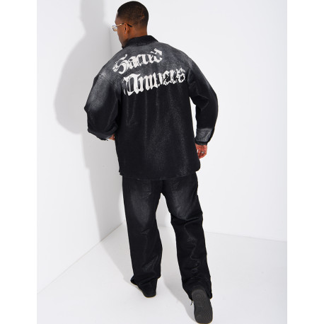 Faded denim set featuring an oversized shirt and jogger-style jeans