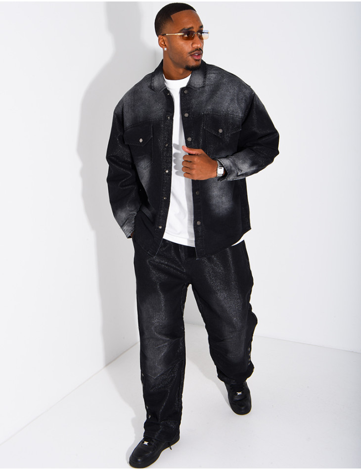 Faded denim set featuring an oversized shirt and jogger-style jeans