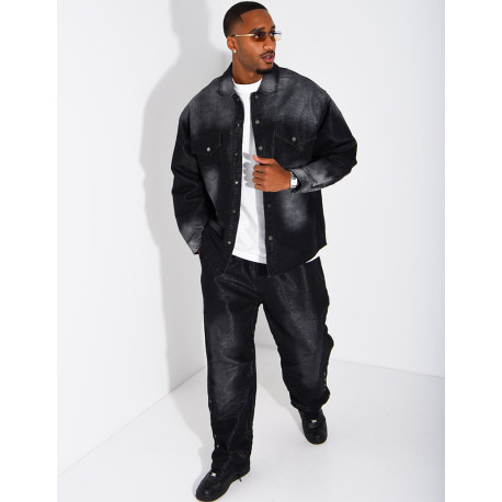 Faded denim set featuring an oversized shirt and jogger-style jeans