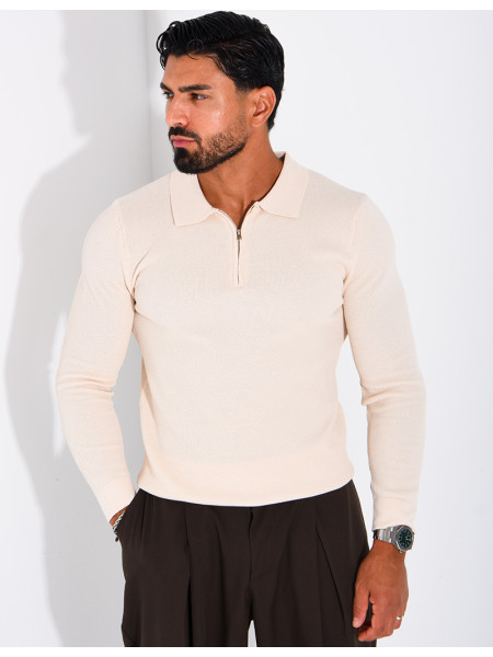 Pull en maille nid d'abeille à col polo zippé