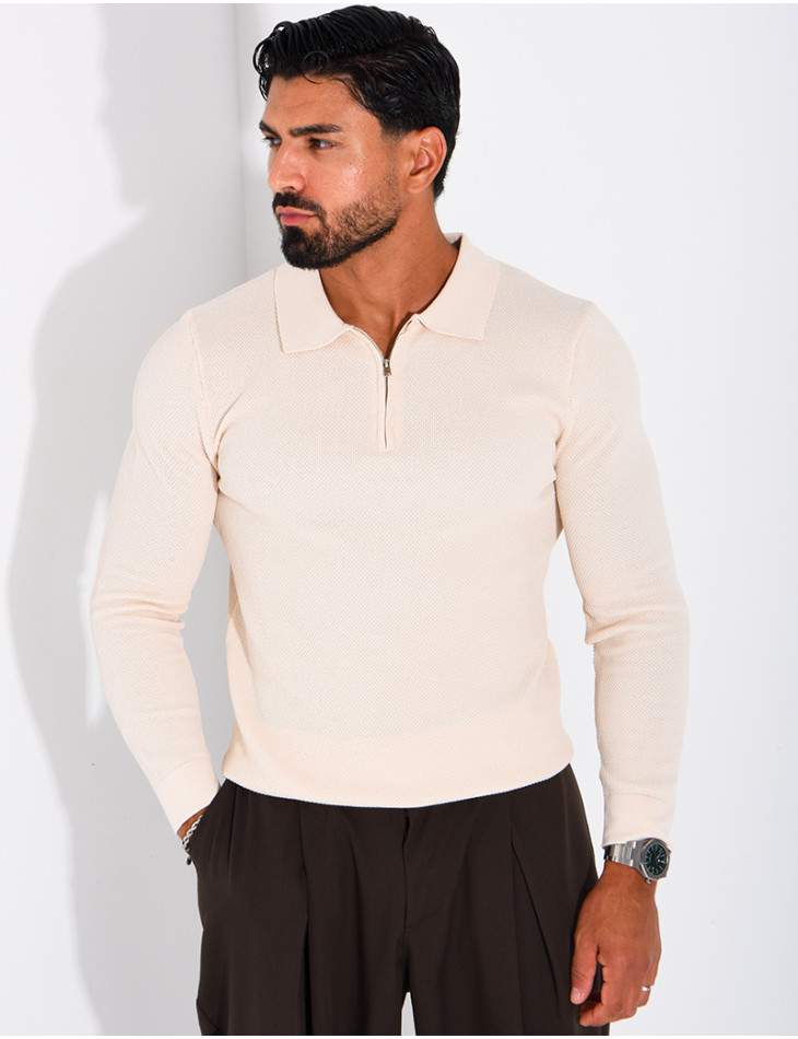 Pull en maille nid d'abeille à col polo zippé