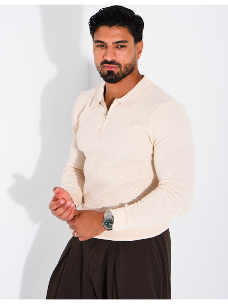 Pull en maille nid d'abeille à col polo zippé