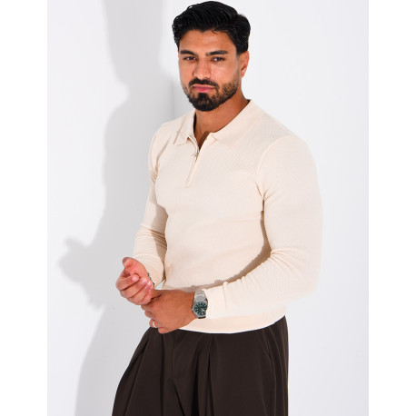 Pull en maille nid d'abeille à col polo zippé