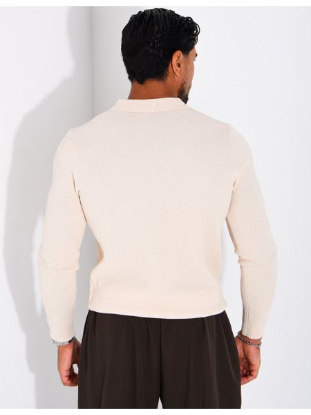 Pull en maille nid d'abeille à col polo zippé