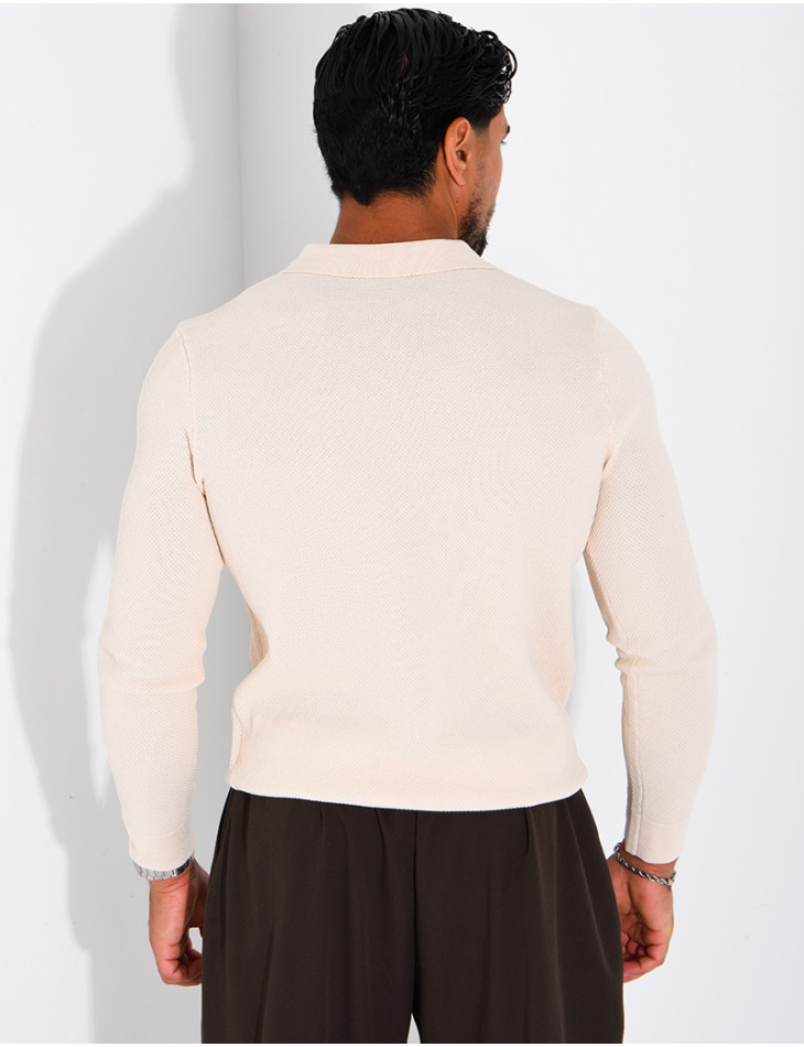 Pull en maille nid d'abeille à col polo zippé