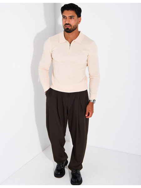 Pull en maille nid d'abeille à col polo zippé