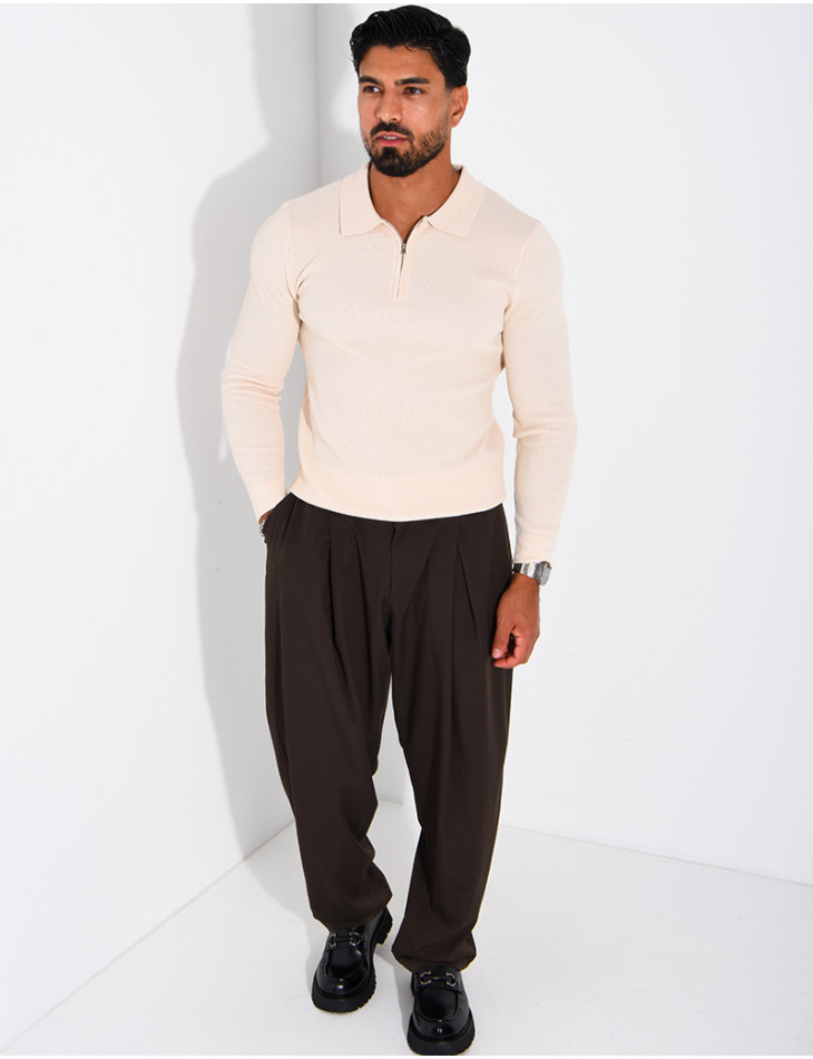 Pull en maille nid d'abeille à col polo zippé