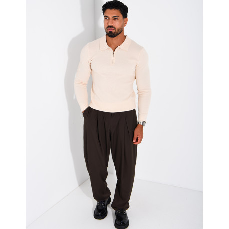 Pull en maille nid d'abeille à col polo zippé