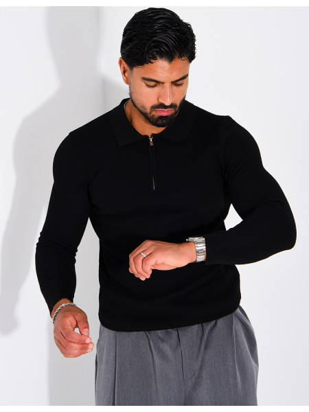 Pullover aus Wabenmuster-Strick mit Polo-Kragen und Reißverschluss