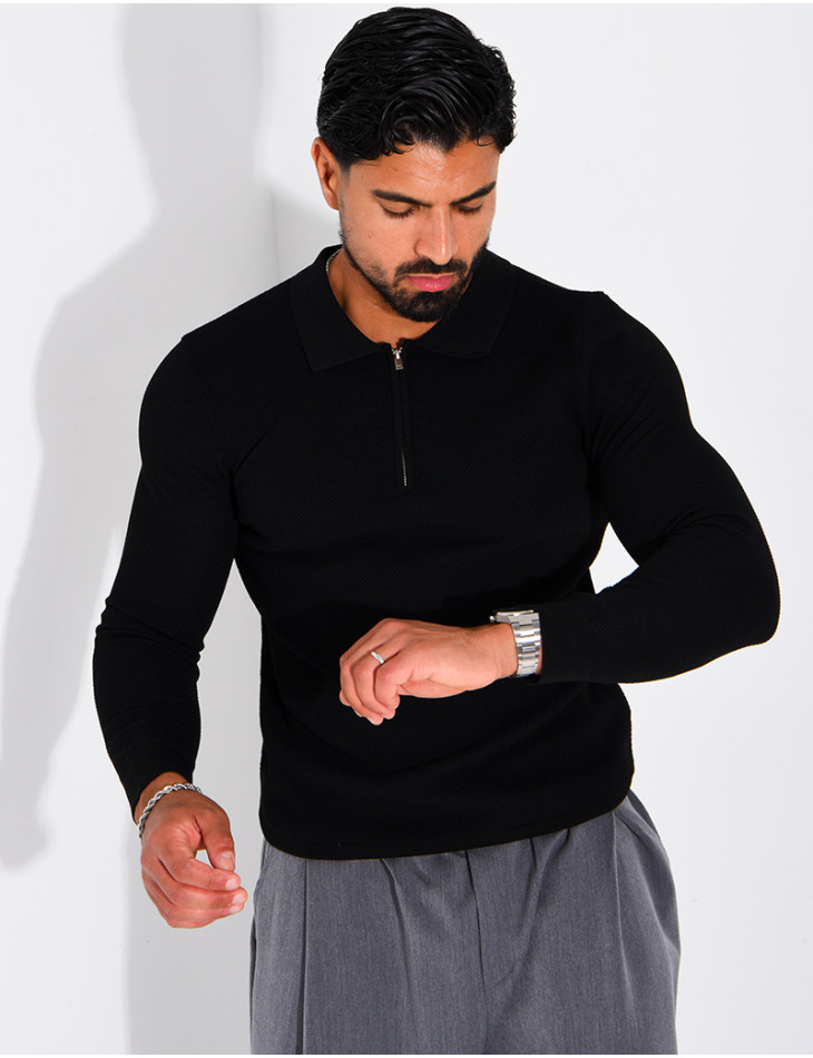 Pullover aus Wabenmuster-Strick mit Polo-Kragen und Reißverschluss