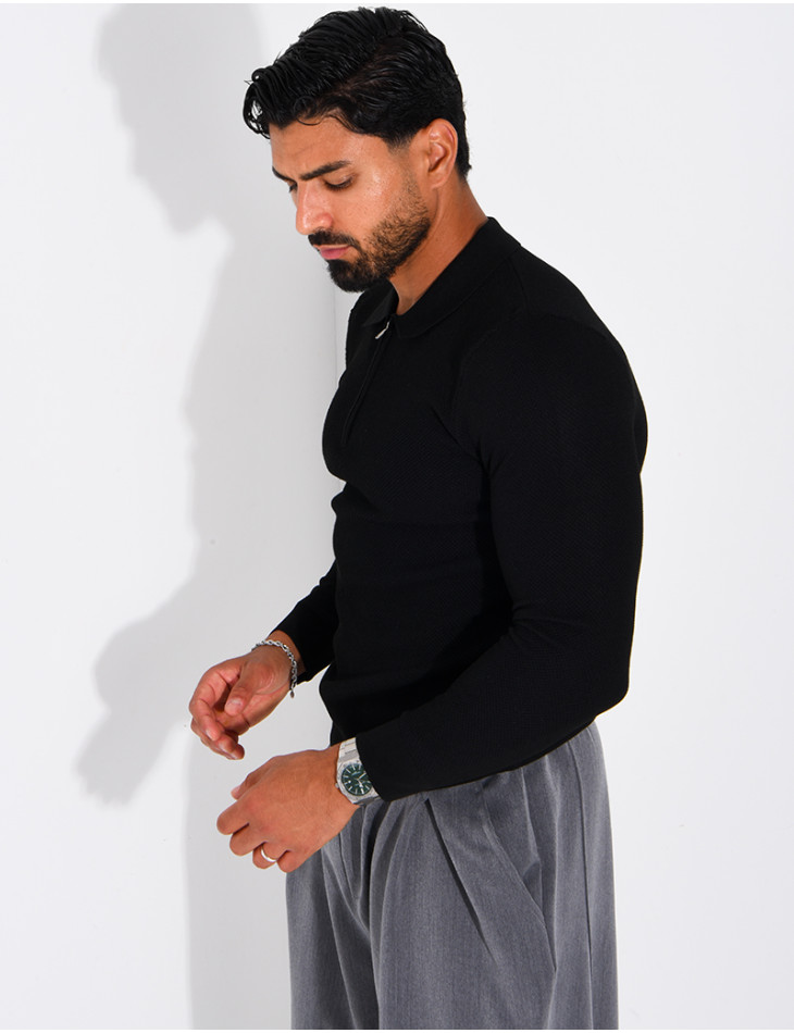 Pullover aus Wabenmuster-Strick mit Polo-Kragen und Reißverschluss
