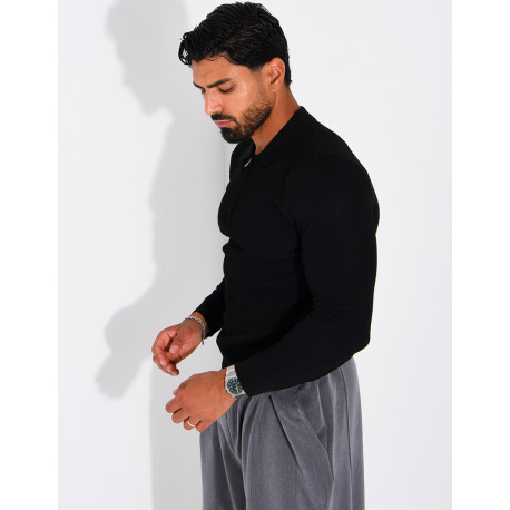 Pullover aus Wabenmuster-Strick mit Polo-Kragen und Reißverschluss