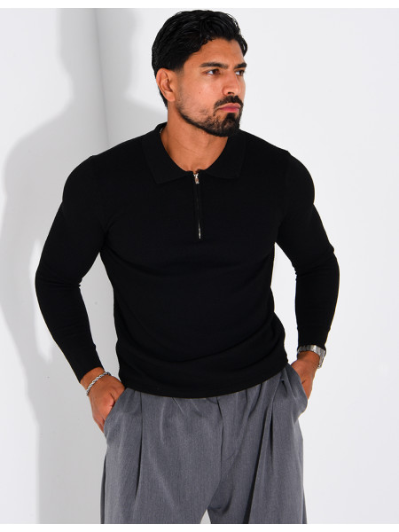 Pullover aus Wabenmuster-Strick mit Polo-Kragen und Reißverschluss