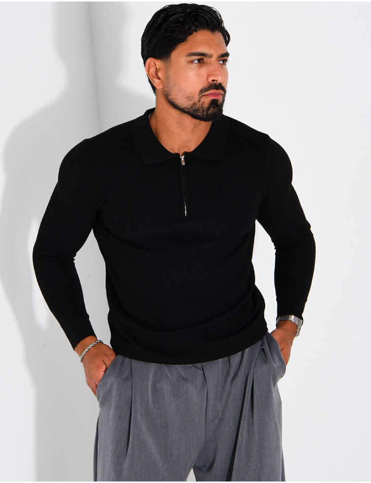 Pullover aus Wabenmuster-Strick mit Polo-Kragen und Reißverschluss