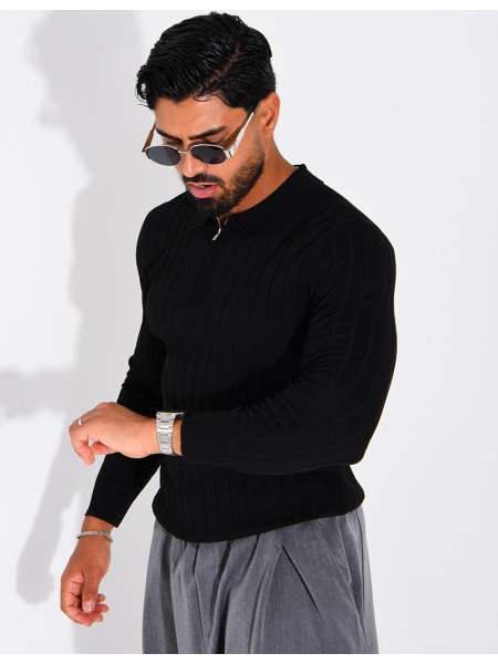 Pull en maille côtelée à col polo zippé