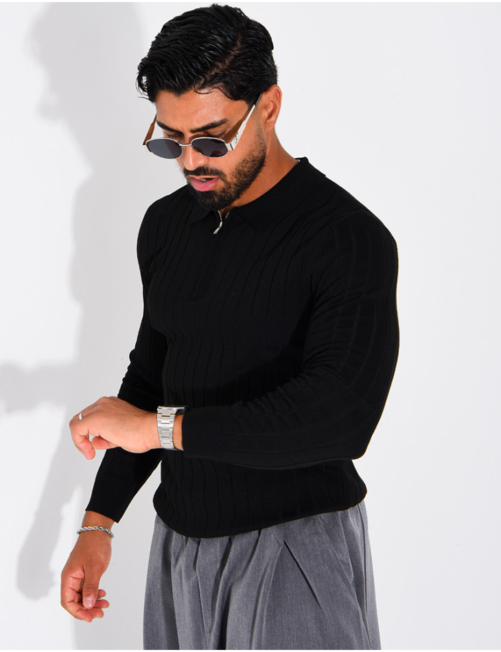 Pull en maille côtelée à col polo zippé