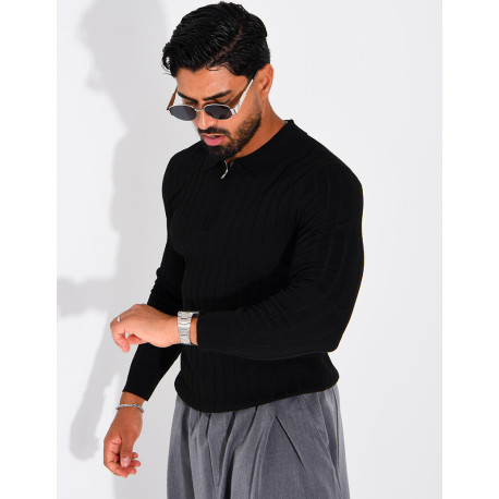 Pull en maille côtelée à col polo zippé