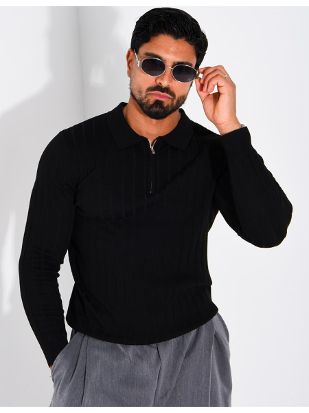 Pull en maille côtelée à col polo zippé