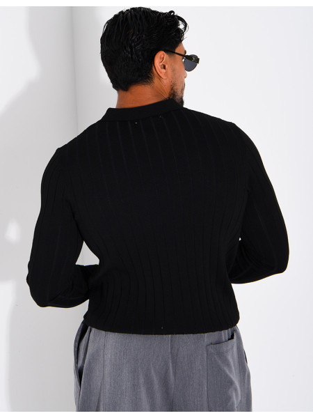 Pull en maille côtelée à col polo zippé