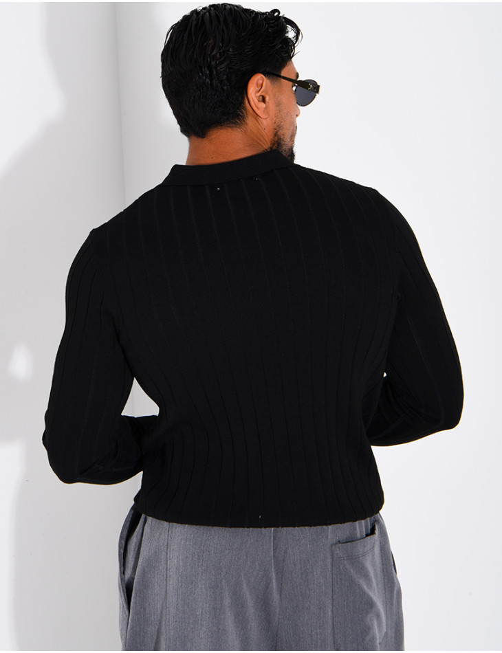 Pull en maille côtelée à col polo zippé
