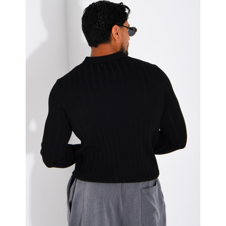 Pull en maille côtelée à col polo zippé