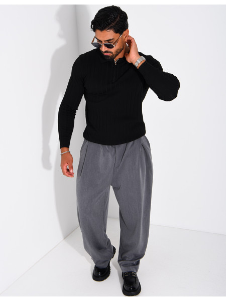 Pull en maille côtelée à col polo zippé