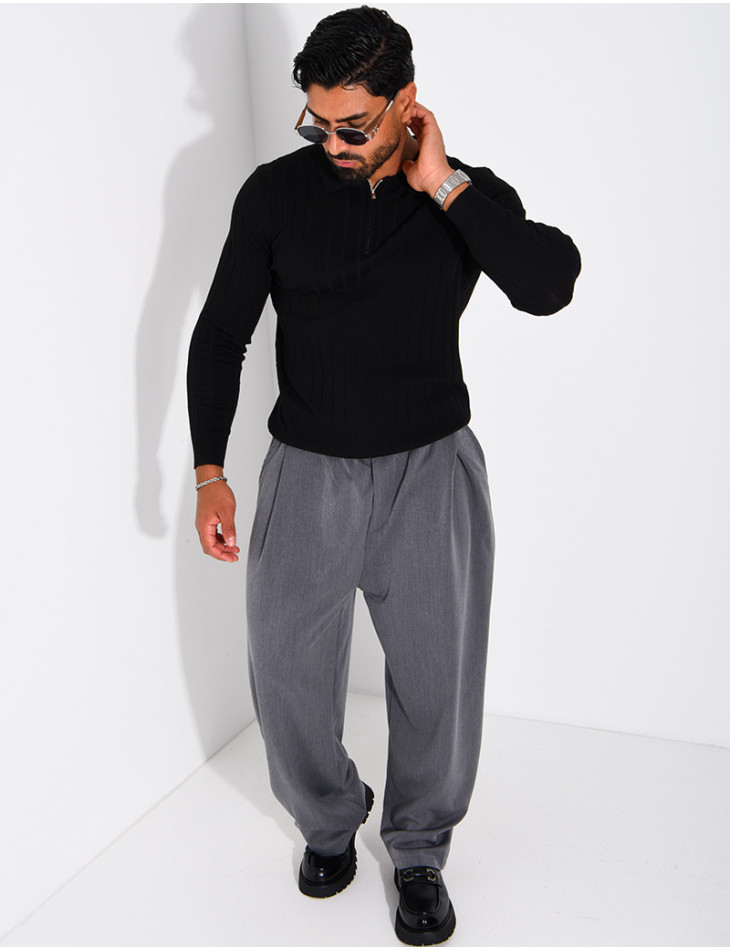 Pull en maille côtelée à col polo zippé