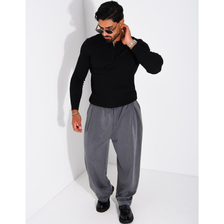Pull en maille côtelée à col polo zippé