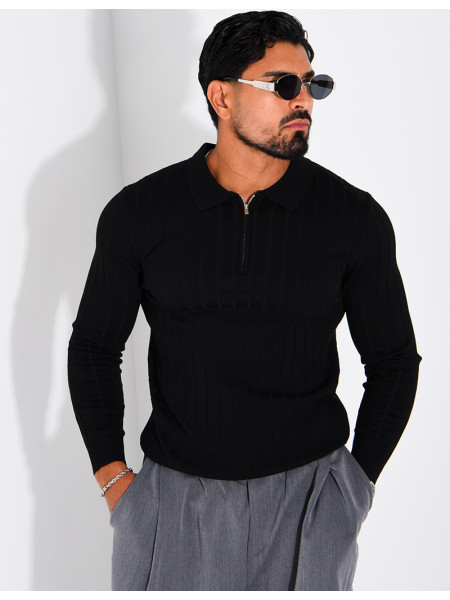 Pull en maille côtelée à col polo zippé