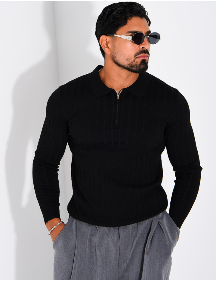 Pull en maille côtelée à col polo zippé
