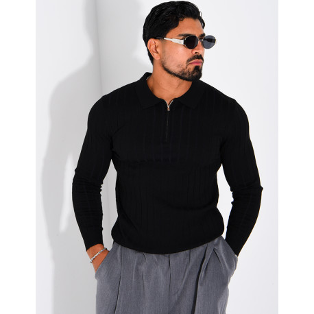 Pull en maille côtelée à col polo zippé