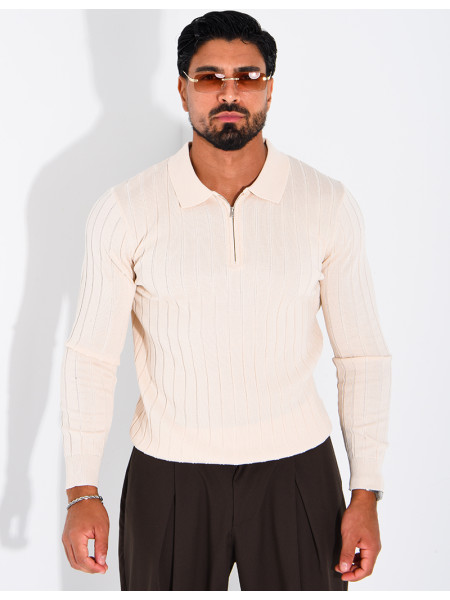 Pullover aus Rippstrick mit Polo-Kragen und Reißverschluss
