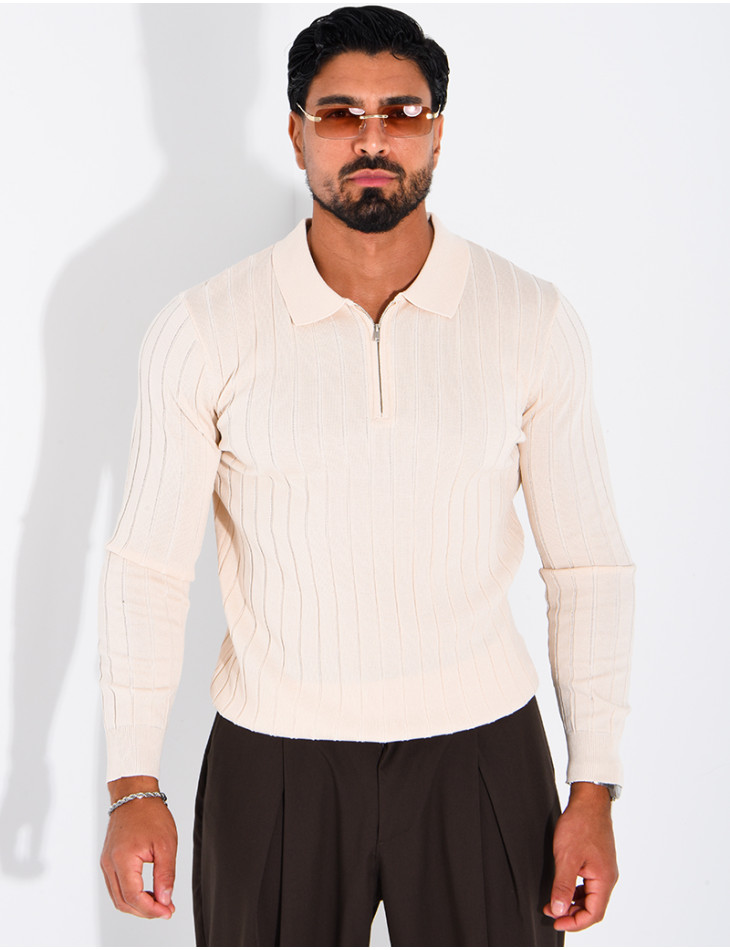Pullover aus Rippstrick mit Polo-Kragen und Reißverschluss