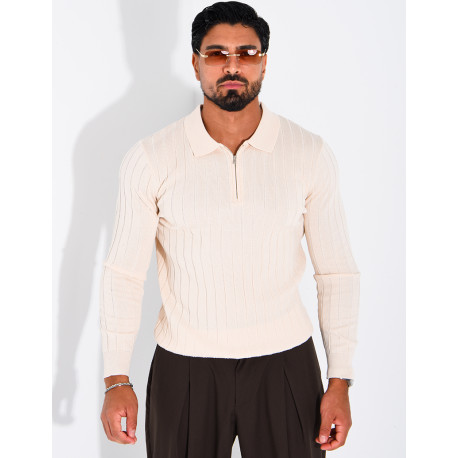 Pullover aus Rippstrick mit Polo-Kragen und Reißverschluss