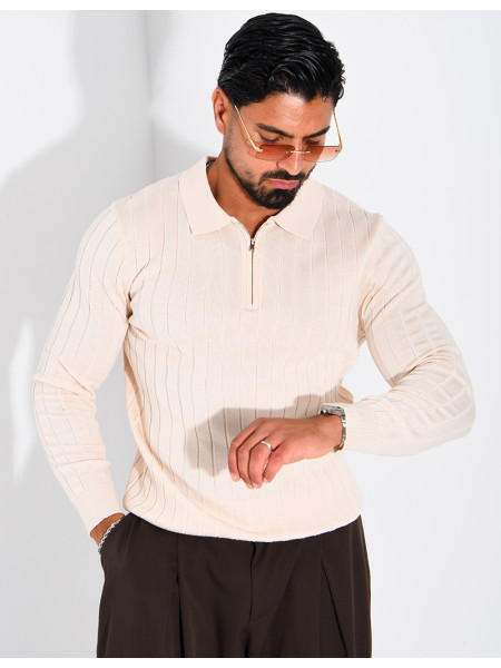 Pullover aus Rippstrick mit Polo-Kragen und Reißverschluss