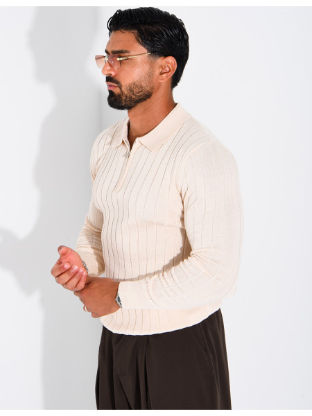 Pullover aus Rippstrick mit Polo-Kragen und Reißverschluss