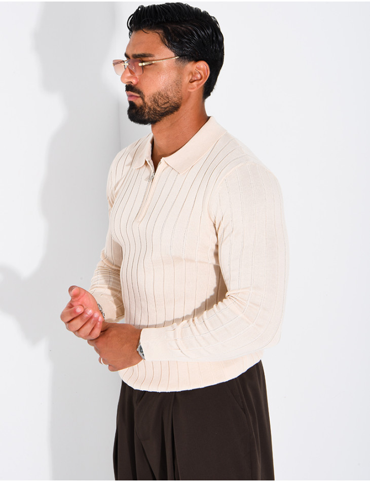 Pullover aus Rippstrick mit Polo-Kragen und Reißverschluss