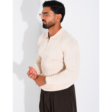 Pullover aus Rippstrick mit Polo-Kragen und Reißverschluss