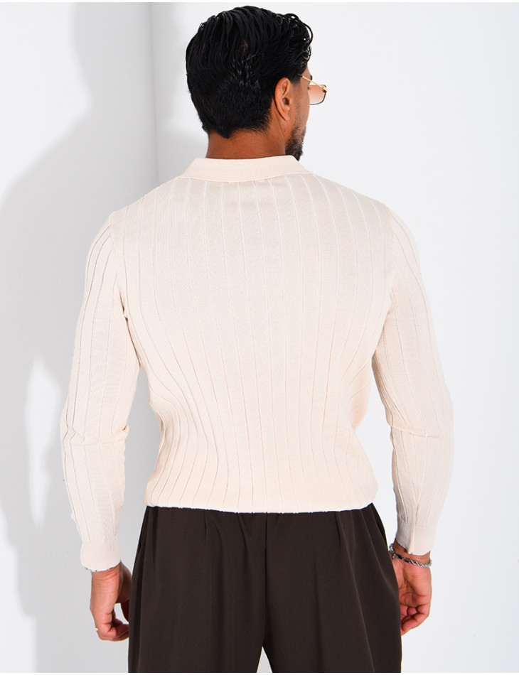 Pullover aus Rippstrick mit Polo-Kragen und Reißverschluss