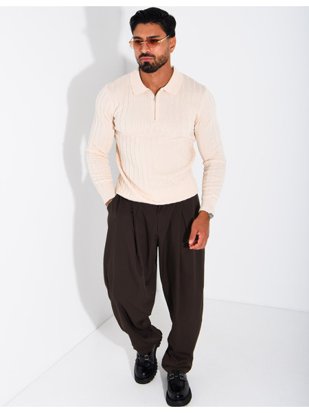 Pullover aus Rippstrick mit Polo-Kragen und Reißverschluss