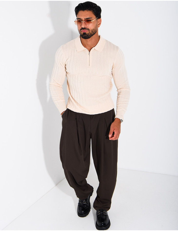 Pullover aus Rippstrick mit Polo-Kragen und Reißverschluss