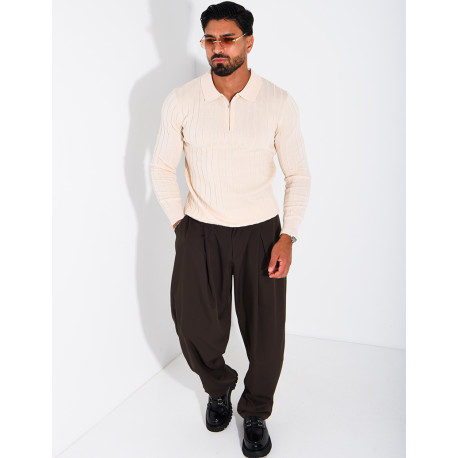 Pullover aus Rippstrick mit Polo-Kragen und Reißverschluss
