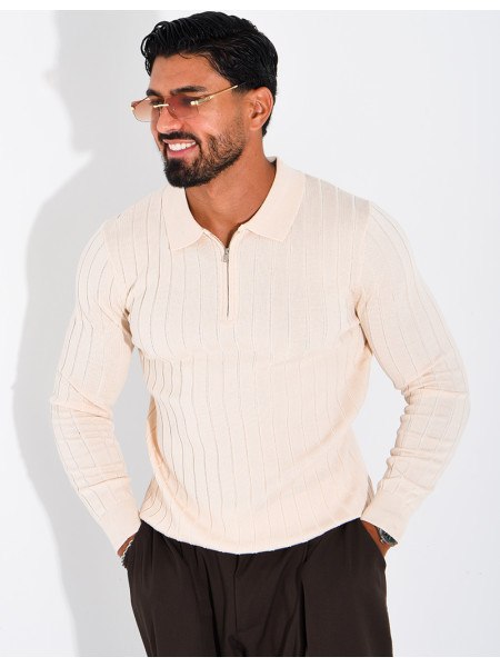 Pullover aus Rippstrick mit Polo-Kragen und Reißverschluss